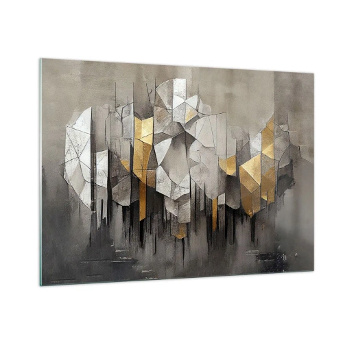 Impression sur verre - Image sur verre - Formes abstraites dans des tons de gris, blanc et or - 100x70cm - Composition de glace et de lumière - Décoration murale moderne pour le salon et la chambre ARTTOR