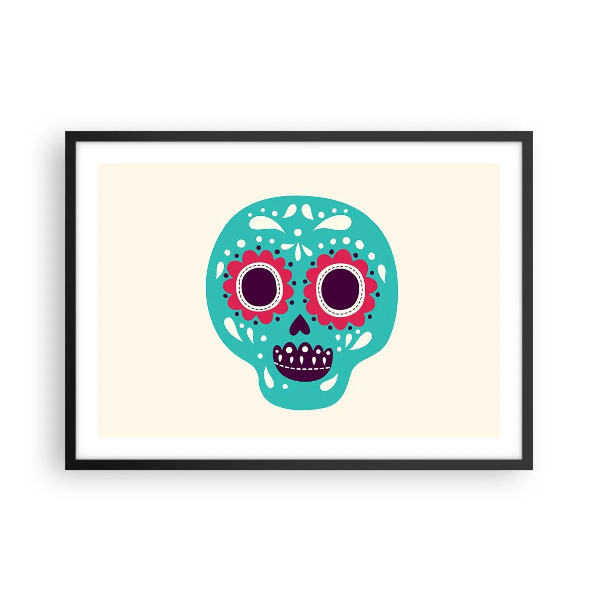 Affiche dans un cadre noir - Poster - Un crâne en sucre turquoise et violet inspiré de la culture mexicaine - 70x50cm - La vie – du plaisir jusqu'à la mort - Décoration murale moderne pour le salon et la chambre ARTTOR