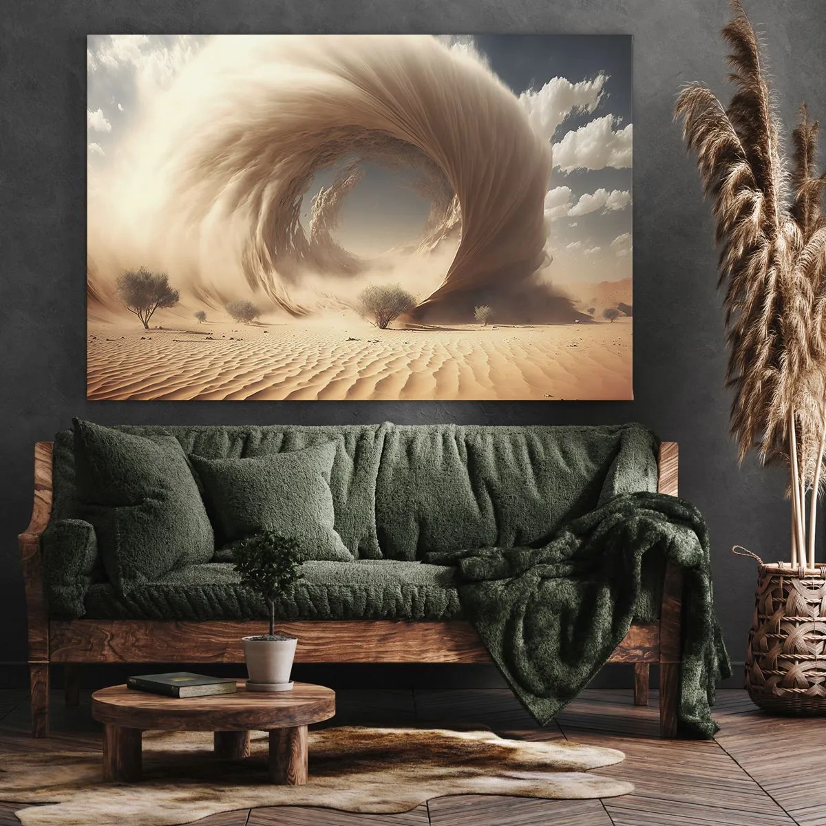 Impression sur toile - Image sur toile - Tourbillon de sable dynamique dans un désert avec des arbres - 70x50cm - Portail ouvert - Décoration murale moderne pour le salon et la chambre ARTTOR