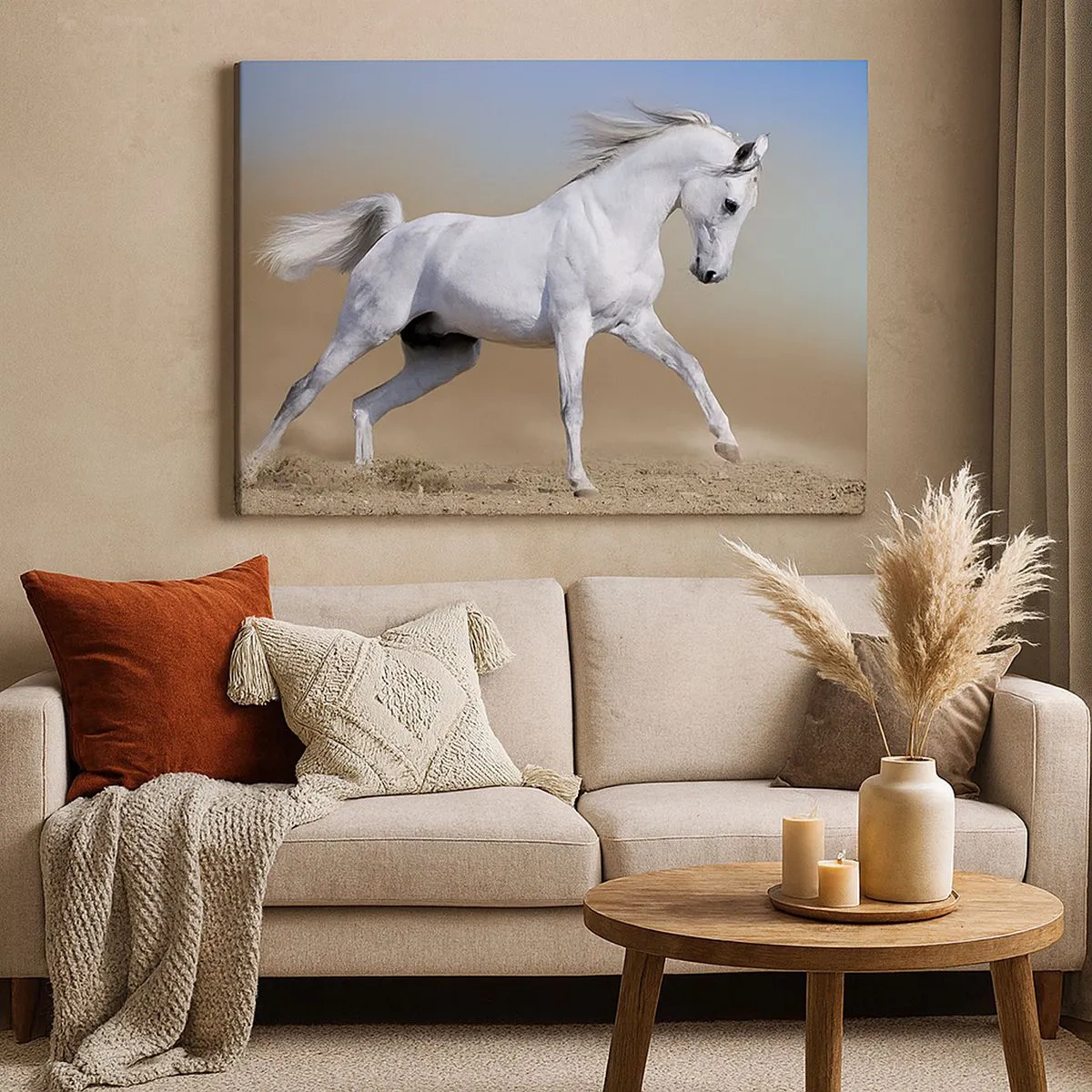 Impression sur toile - Image sur toile - Un cheval blanc galopant à travers un paysage désertique - 70x50cm - Le plus beau conte de fées arabe - Décoration murale moderne pour le salon et la chambre ARTTOR