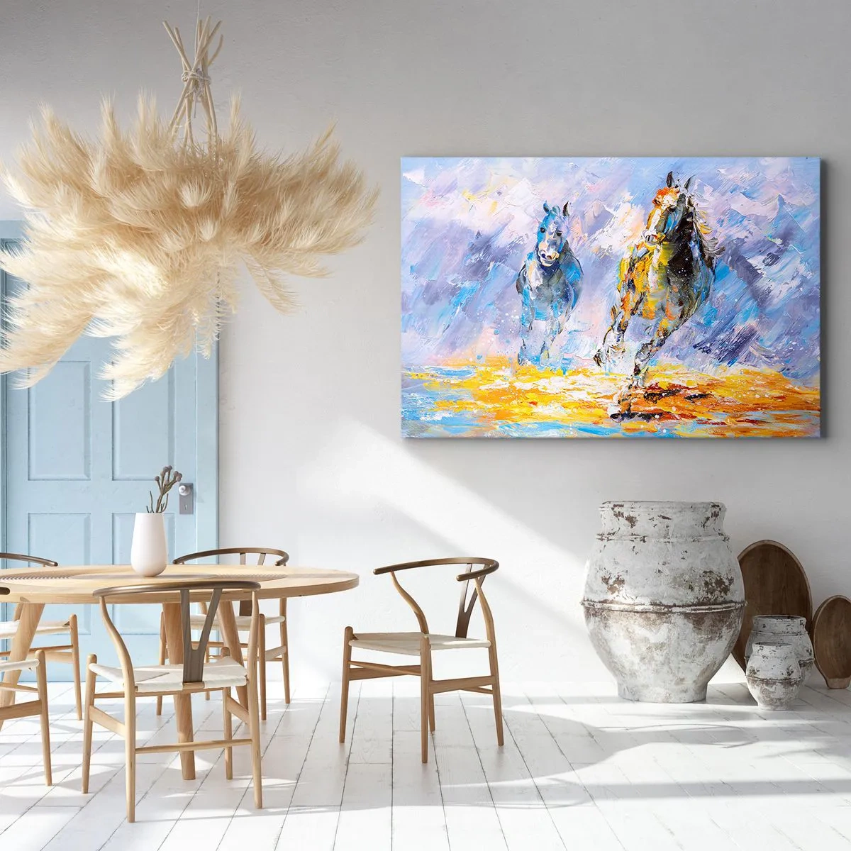 Impression sur toile - Image sur toile - Deux chevaux en mouvement sur fond de paysage abstrait - 100x70cm - À travers l'éblouissement du galop - Décoration murale moderne pour le salon et la chambre ARTTOR
