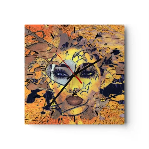 Horloge murale - Pendule murale - Portrait abstrait d'une femme dans des tons jaune doré - 30x30cm - Beauté ensoleillée - Décoration murale moderne pour le salon et la chambre ARTTOR