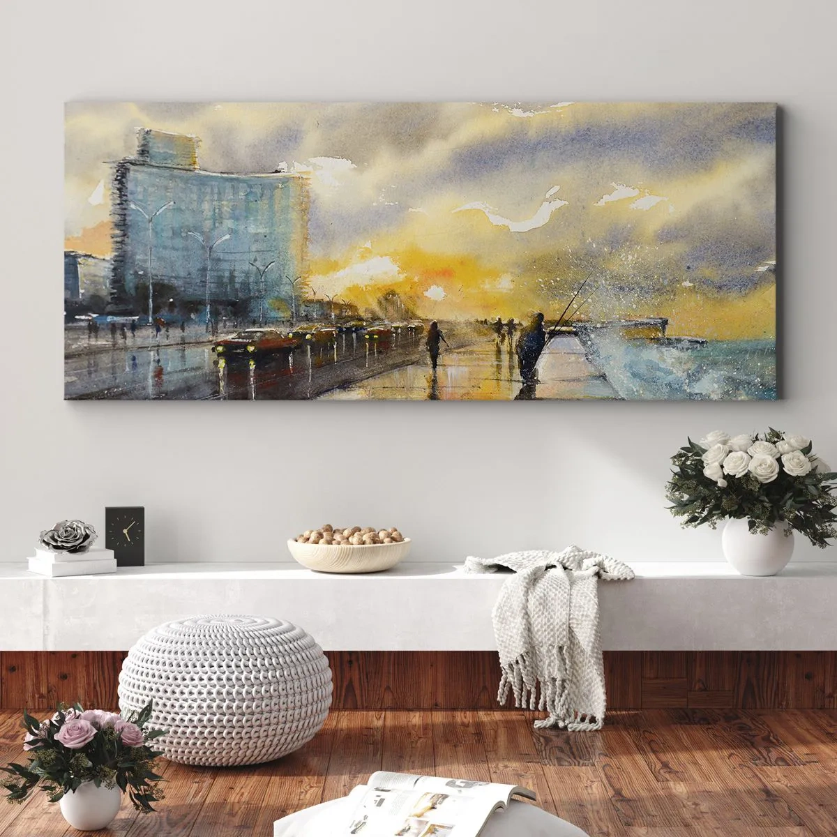Impression sur toile - Image sur toile - Une vue pittoresque de la promenade en bord de mer au coucher du soleil - 120x50cm - La vie sur le rivage - Décoration murale moderne pour le salon et la chambre ARTTOR