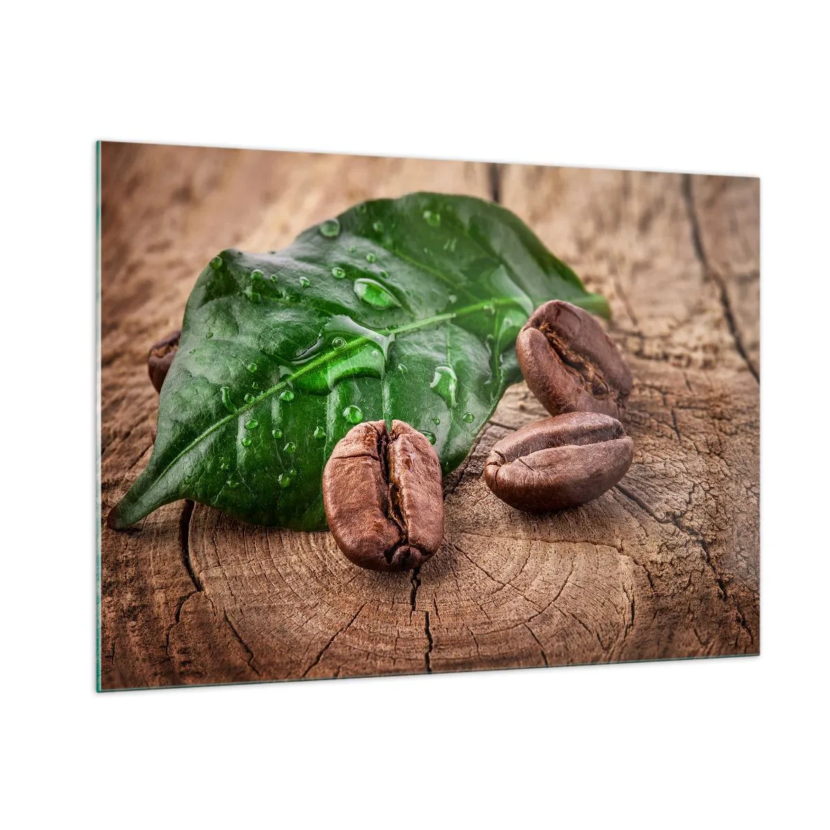 Impression sur verre - Image sur verre - Grains de café sur fond de feuilles et de bois - 100x70cm - La plus vraie et noire - Décoration murale moderne pour le salon et la chambre ARTTOR