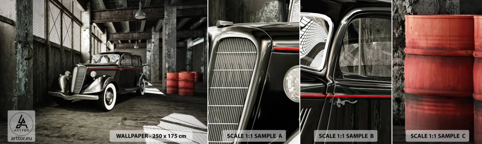 Échantillon de Papier Peint Autocollant Deluxe Sticker - L'élégance éternelle des années 30 - Automobile, Voiture rétro, Entrepôt d'usine - 100x30 cm