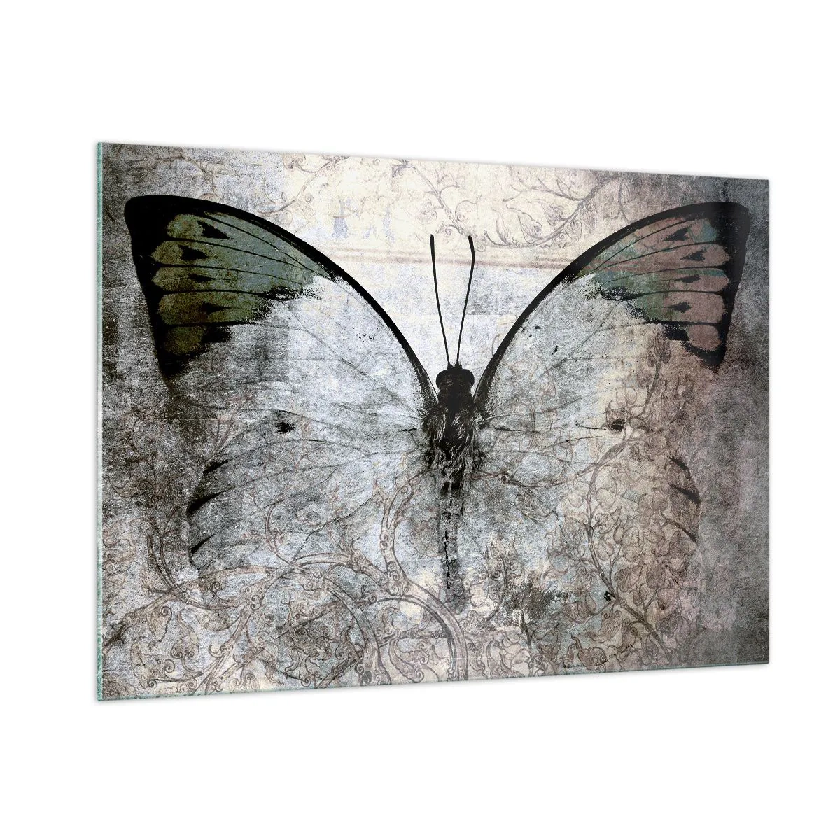 Impression sur verre - Image sur verre - Papillon abstrait sur le fond d'un vieil ornement - 100x70cm - Dans le style Art Nouveau - Décoration murale moderne pour le salon et la chambre ARTTOR