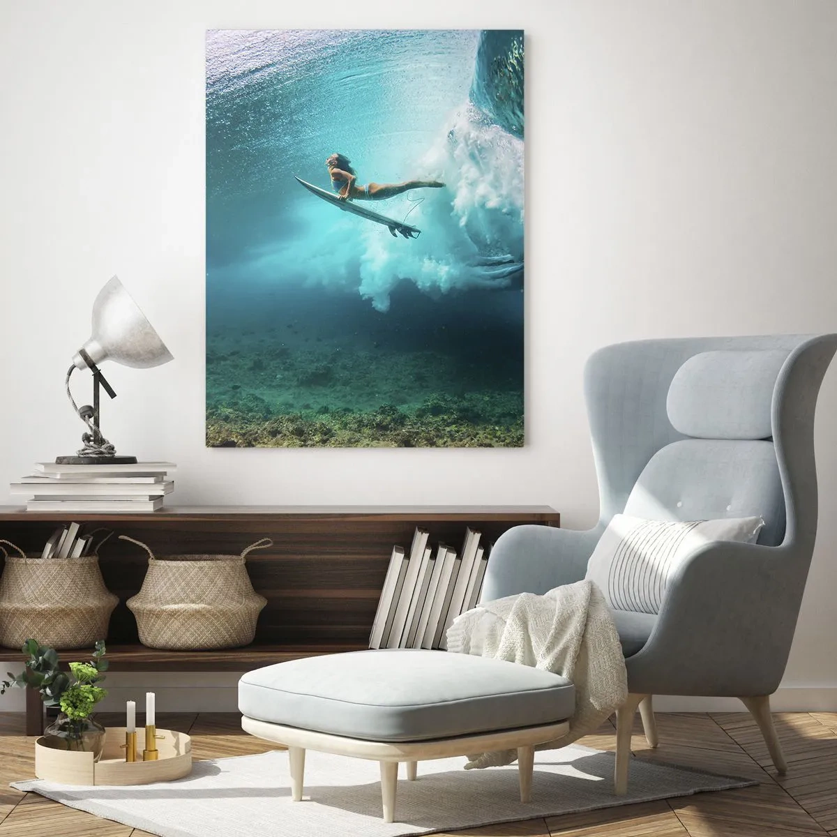 Impression sur verre - Image sur verre - Surfeur sous une vague dans l'eau bleue de l'océan - 70x100cm - Monde sous marin - Décoration murale moderne pour le salon et la chambre ARTTOR