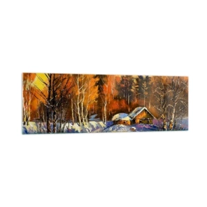 Impression sur verre - Image sur verre - Paysage d'hiver avec une maison à la lumière du soleil couchant - 160x50cm - Impression d'hiver au soleil - Décoration murale moderne pour le salon et la chambre ARTTOR