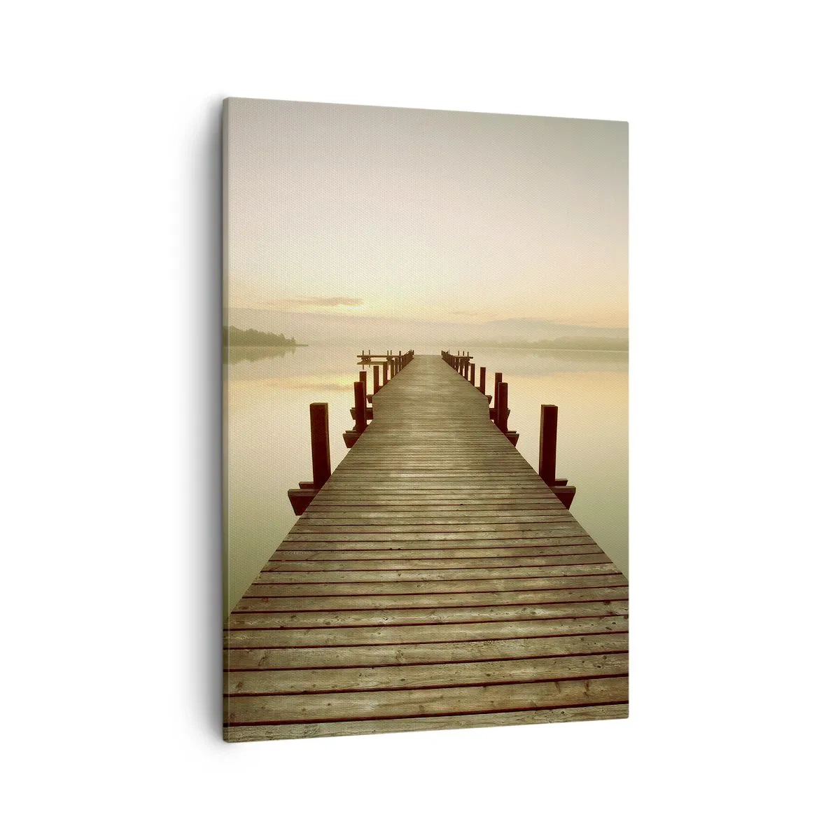 Impression sur toile - Image sur toile - Une jetée en bois sur un lac calme le matin - 50x70cm - L'aube, les premières lueurs, le jour - Décoration murale moderne pour le salon et la chambre ARTTOR