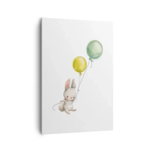 Impression sur toile - Image sur toile - Un lapin tenant des ballons aux couleurs pastel - 70x100cm - Moi aussi je vole! - Décoration murale moderne pour le salon et la chambre ARTTOR