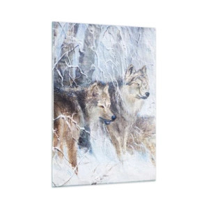 Impression sur verre - Image sur verre - Trois loups dans une forêt hivernale entourée de neige - 50x70cm - Attention! Ca arrive ... - Décoration murale moderne pour le salon et la chambre ARTTOR