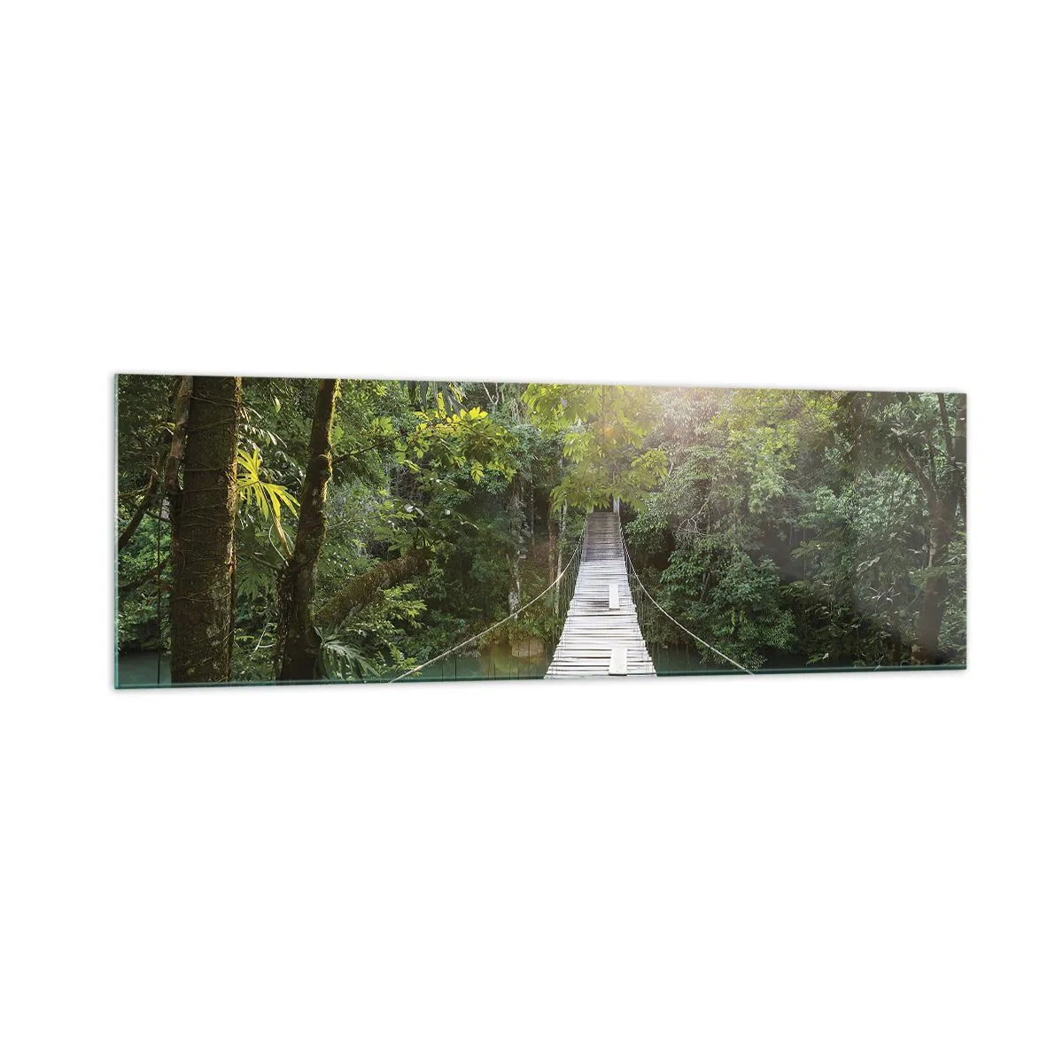 Impression sur verre - Image sur verre - Un pont suspendu dans une forêt tropicale illuminée par la lumière du soleil. - 160x50cm - De l'eau azur à la forêt azur - Décoration murale moderne pour le salon et la chambre ARTTOR