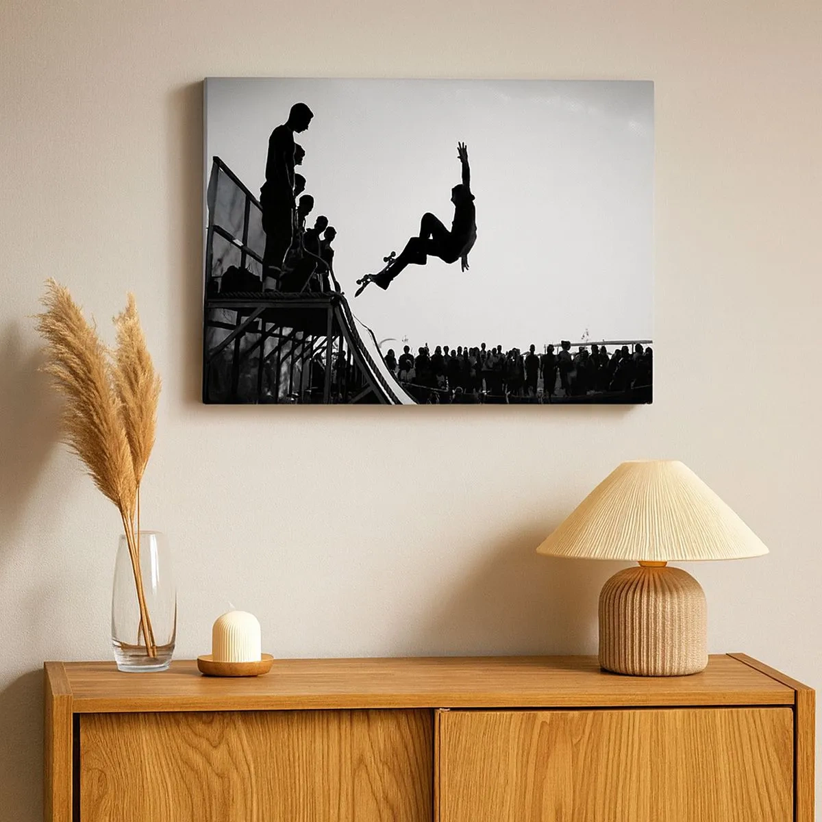 Impression sur toile - Image sur toile - Scène de skateboard en noir et blanc sur une rampe - 70x50cm - Héros et spectateurs - Décoration murale moderne pour le salon et la chambre ARTTOR