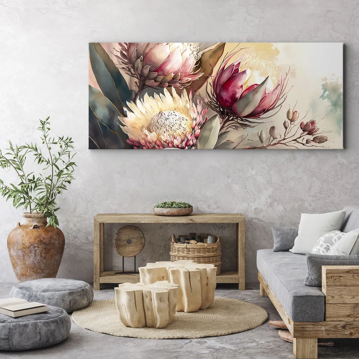 Impression sur toile - Image sur toile - Fleurs de Protea aux tons pastel délicats - 160x50cm - De profil et de face - Décoration murale moderne pour le salon et la chambre ARTTOR