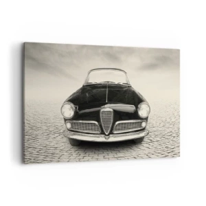 Impression sur toile - Image sur toile - Une voiture classique sur une place pavée dans un style monochrome - 120x80cm - Et alors! Tu ne m'aime pas? - Décoration murale moderne pour le salon et la chambre ARTTOR