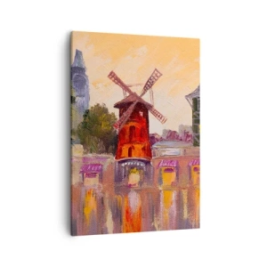 Impression sur toile - Image sur toile - Le moulin à vent rouge du Moulin Rouge entouré par le paysage urbain - 50x70cm - Icones parisiennes – le Moulin rouge - Décoration murale moderne pour le salon et la chambre ARTTOR