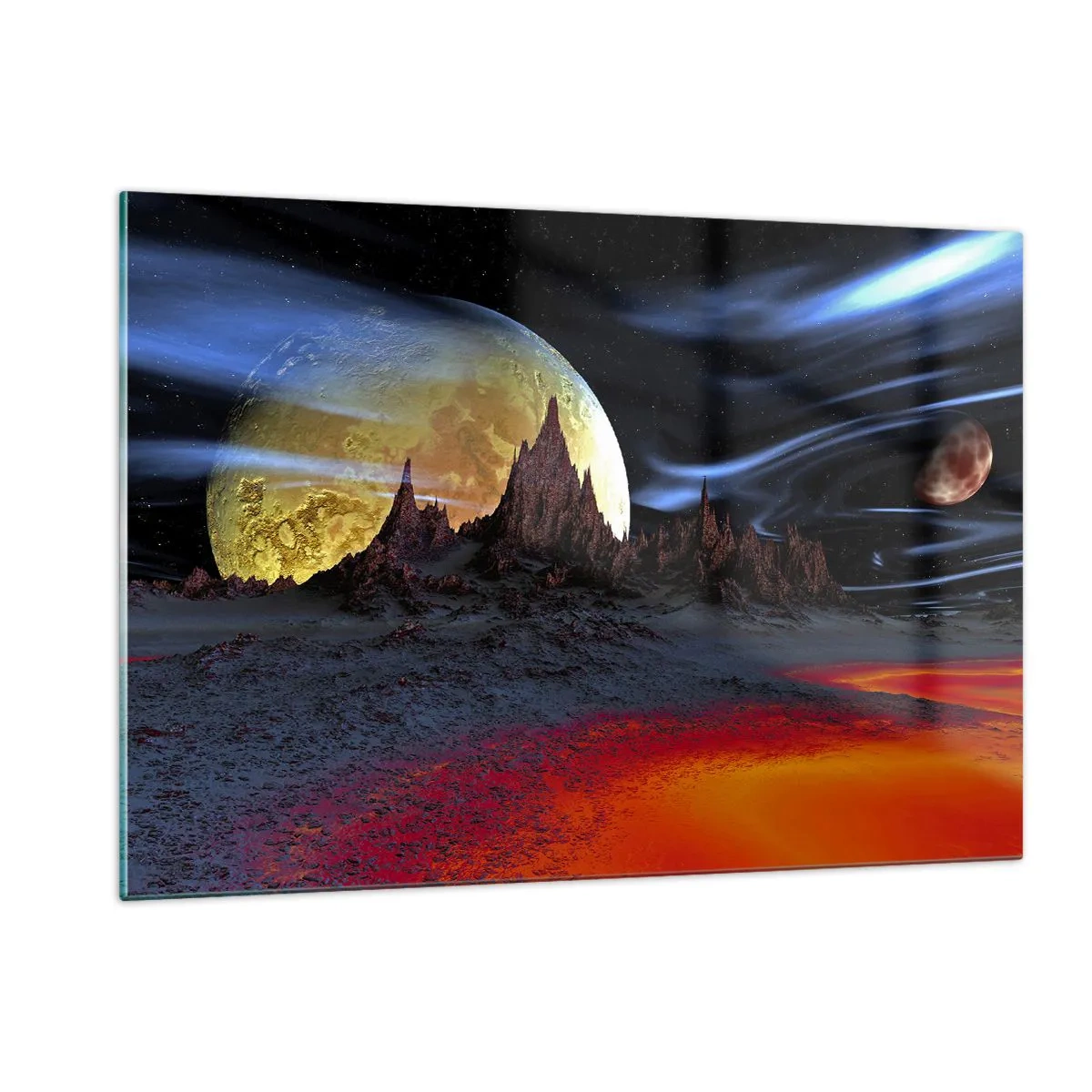 Impression sur verre - Image sur verre - Paysage extraterrestre avec une planète et un ciel coloré - 120x80cm - Monde inconnu - Décoration murale moderne pour le salon et la chambre ARTTOR