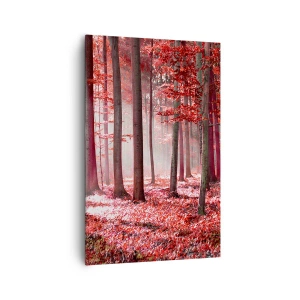 Impression sur toile - Image sur toile - Une forêt époustouflante aux teintes rouges avec des rayons de lumière pénétrant à travers les arbres - 80x120cm - Le rouge est tout aussi beau - Décoration murale moderne pour le salon et la chambre ARTTOR