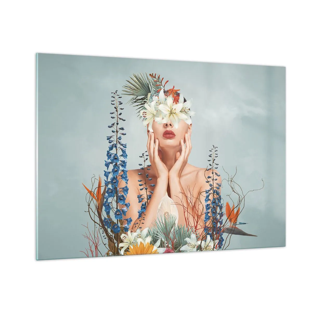 Impression sur verre - Image sur verre - Figure d'une femme avec une couronne de fleurs et une composition florale - 100x70cm - Femme - fleur - Décoration murale moderne pour le salon et la chambre ARTTOR