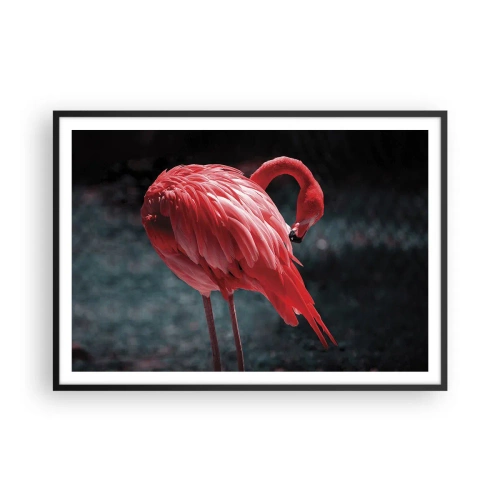 Affiche dans un cadre noir - Poster - Un flamant rose sur fond vert foncé - 100x70cm - Poème cramoisi de la nature - Décoration murale moderne pour le salon et la chambre ARTTOR