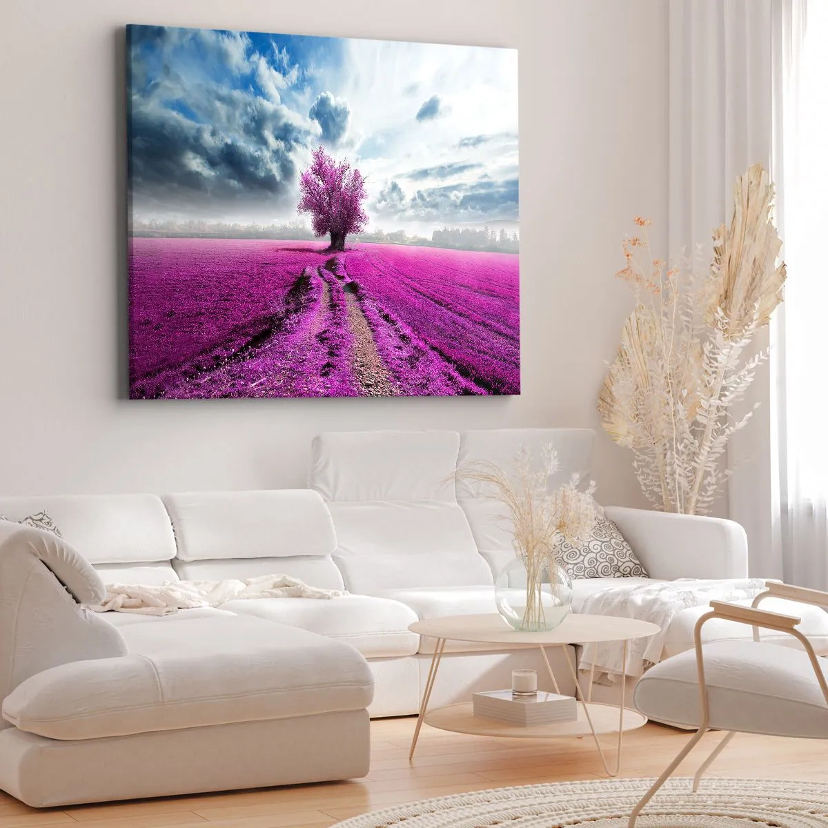 Impression sur toile - Image sur toile - Un arbre solitaire dans un champ dans une nuance de rose intense - 70x50cm - Lande - nature sauvage - Décoration murale moderne pour le salon et la chambre ARTTOR
