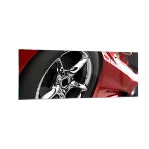 Impression sur verre - Image sur verre - Voiture de sport rouge avec jantes chromées - 140x50cm - Conçu pour la vitesse - Décoration murale moderne pour le salon et la chambre ARTTOR