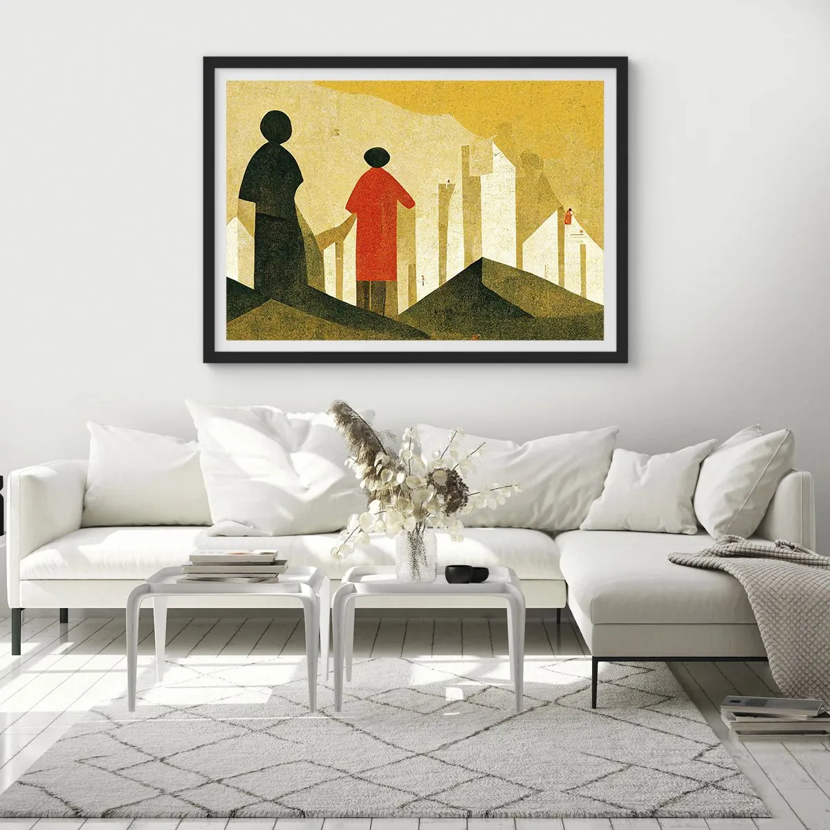 Affiche dans un cadre noir - Poster - Silhouettes géométriques en rouge et vert sur fond jaune - 70x50cm - La route est encore longue - Décoration murale moderne pour le salon et la chambre ARTTOR