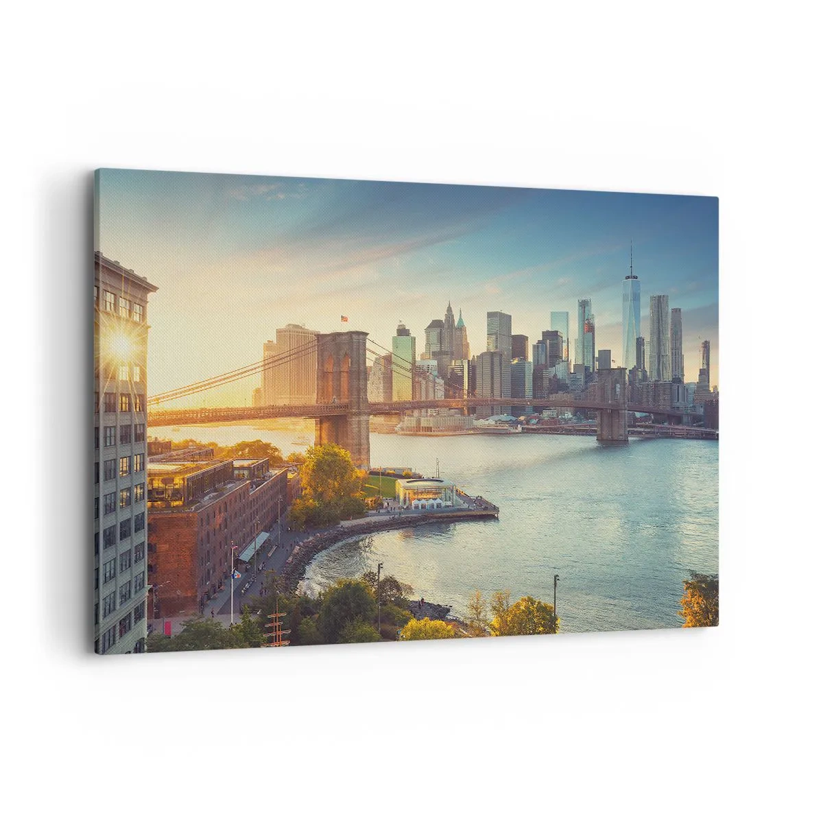 Impression sur toile - Image sur toile - Panorama de la ville avec le pont au coucher du soleil - 120x80cm - L'aube de la grande ville - Décoration murale moderne pour le salon et la chambre ARTTOR