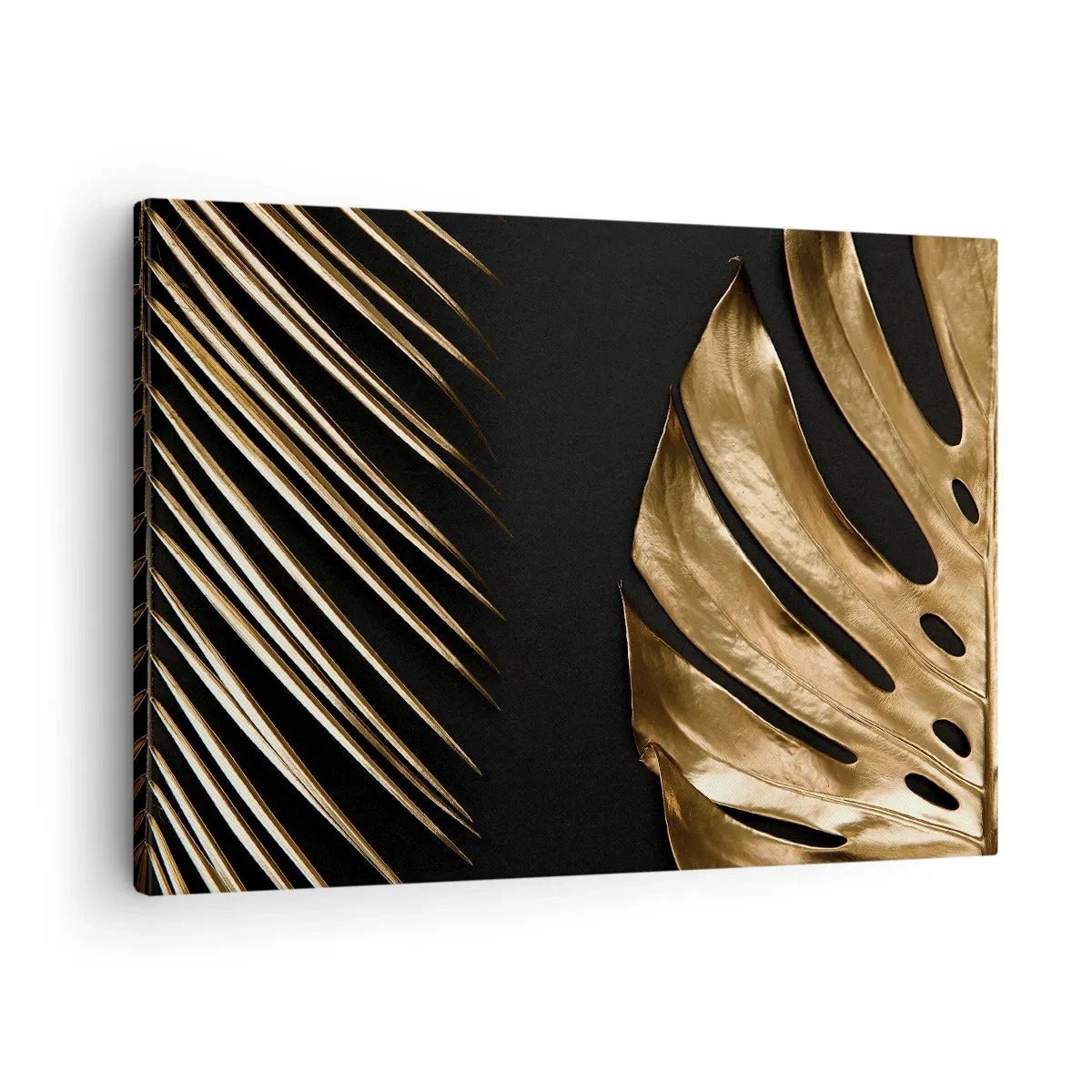 Impression sur toile - Image sur toile - Feuilles dorées sur fond noir - 70x50cm - Différent et tout aussi cher - Décoration murale moderne pour le salon et la chambre ARTTOR