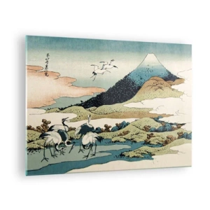 Impression sur verre - Image sur verre - Une peinture d'oiseaux dans un paysage japonais surplombant le mont Fuji. - 70x50cm - Avec une âme japonnaise - Décoration murale moderne pour le salon et la chambre ARTTOR