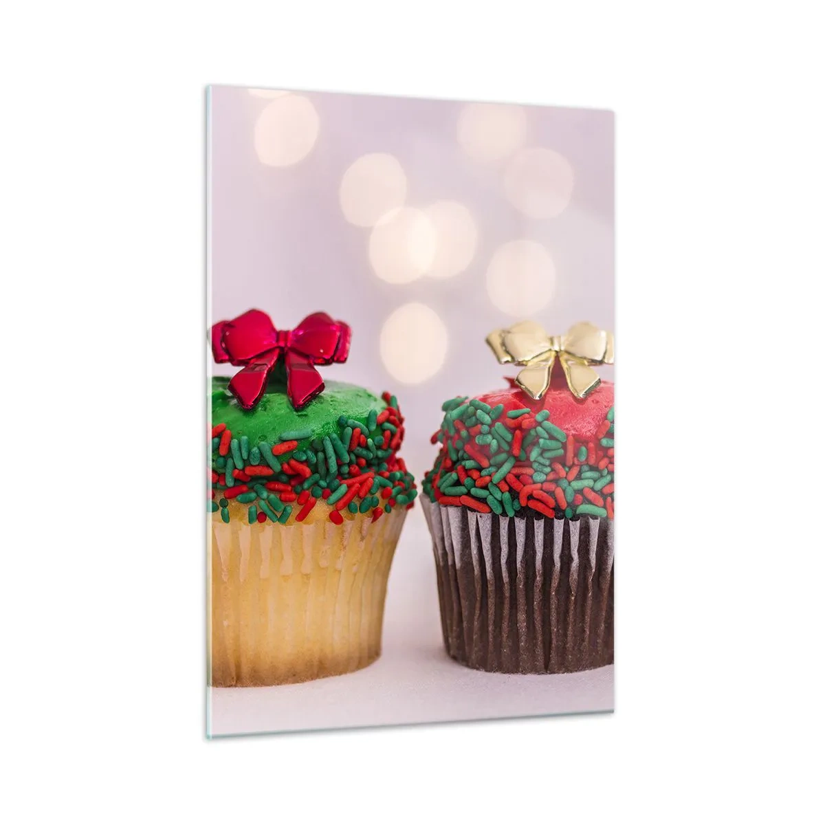Impression sur verre - Image sur verre - Cupcakes de Noël avec décorations en forme de nœud - 50x70cm - Une sucrerie après la cocarde - Décoration murale moderne pour le salon et la chambre ARTTOR