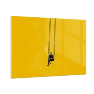 Impression sur verre - Image sur verre - Une figure sur une balançoire suspendue sur un fond jaune - 100x70cm - Un jour comme tous les jours - Décoration murale moderne pour le salon et la chambre ARTTOR