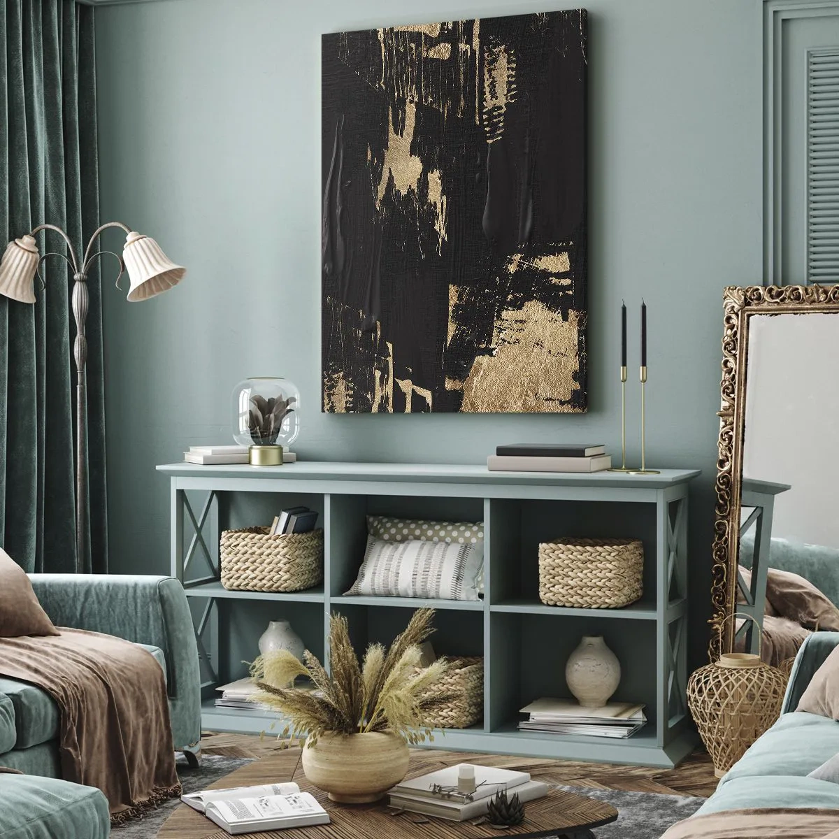 Impression sur toile - Image sur toile - Composition abstraite dans les tons de noir et d'or - 50x70cm - Empreinte du toucher - Décoration murale moderne pour le salon et la chambre ARTTOR
