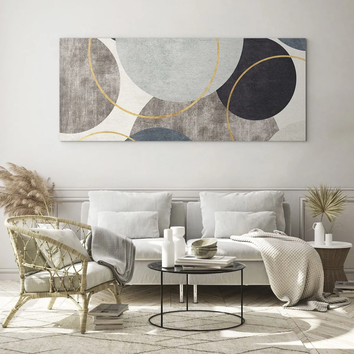 Impression sur verre - Image sur verre - Cercles géométriques dans les tons de gris, bleu et or - 140x50cm - Cercles sur cercles - Décoration murale moderne pour le salon et la chambre ARTTOR