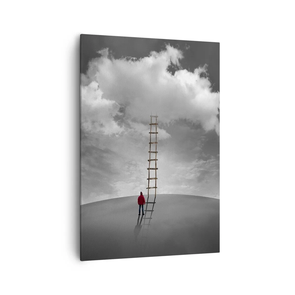 Impression sur toile - Image sur toile - Une personne portant un manteau rouge et une échelle menant à un nuage - 70x100cm - Tout est possible - Décoration murale moderne pour le salon et la chambre ARTTOR