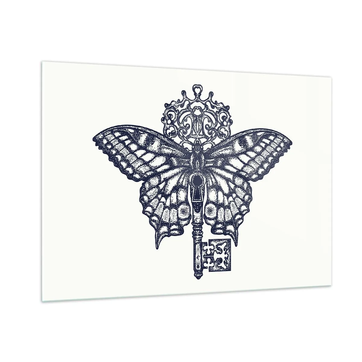 Impression sur verre - Image sur verre - Illustration d'un papillon avec une clé au centre - 100x70cm - Tous les secrets du coeur - Décoration murale moderne pour le salon et la chambre ARTTOR