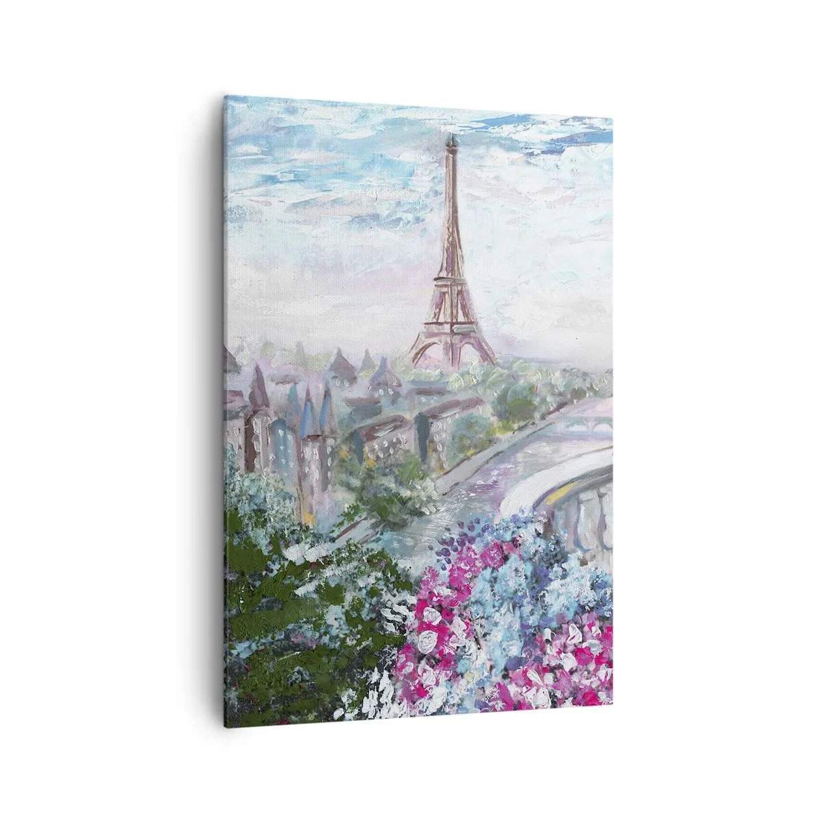 Impression sur toile - Image sur toile - Une vue romantique de Paris avec la Tour Eiffel et un balcon rempli de fleurs - 70x100cm - C'est le plus beau ici en mai - Décoration murale moderne pour le salon et la chambre ARTTOR