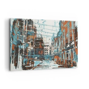 Impression sur toile - Image sur toile - Un paysage urbain aux tons bleus et orange - 120x80cm - Un sentier de ville usé - Décoration murale moderne pour le salon et la chambre ARTTOR