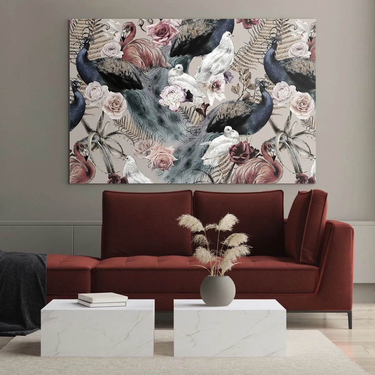 Impression sur verre - Image sur verre - Paons et flamants roses entourés de roses et de fougères - 120x80cm - Dans un jardin de palace - Décoration murale moderne pour le salon et la chambre ARTTOR