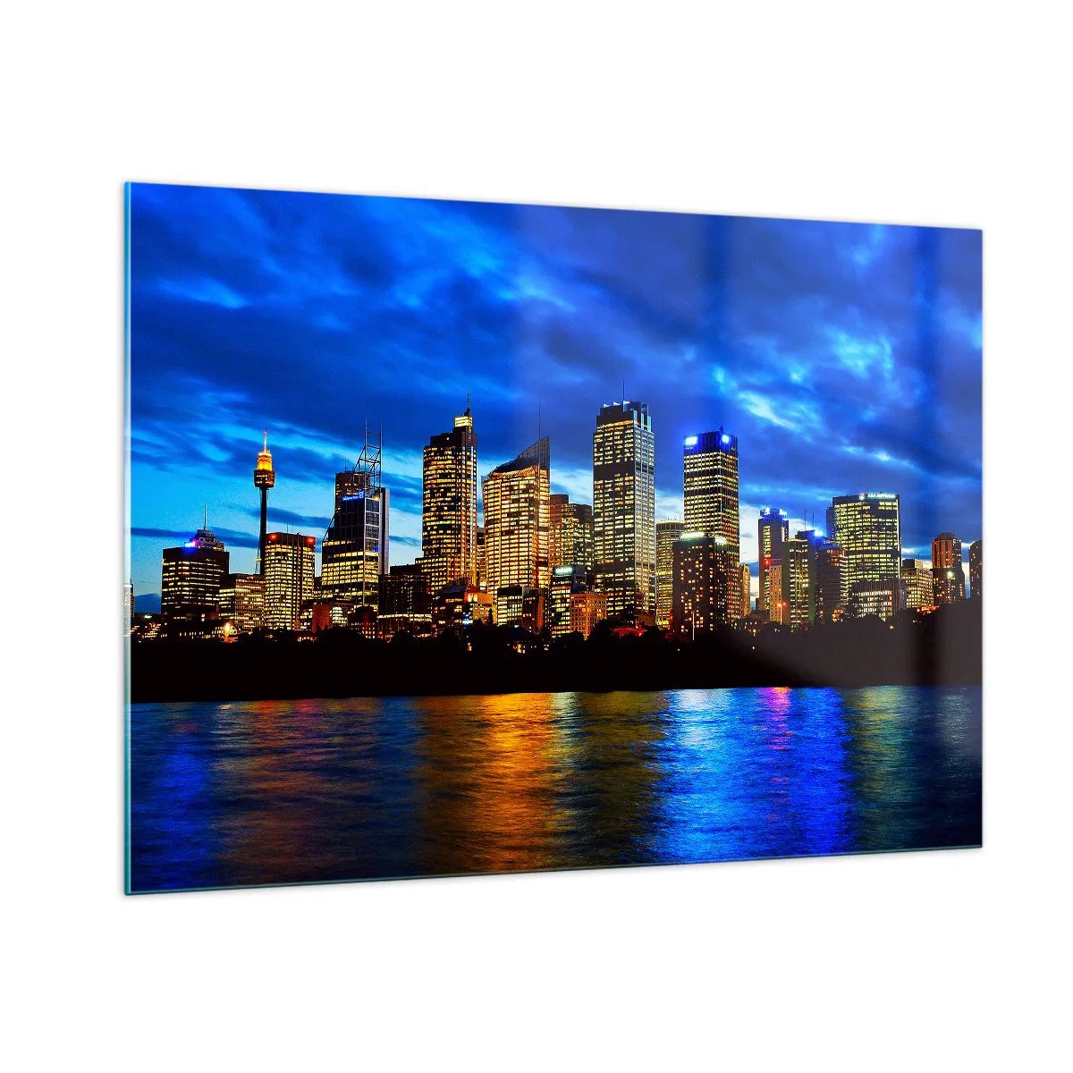 Impression sur verre - Image sur verre - Panorama de la ville nocturne reflétée dans l'eau - 100x70cm - Une nuit de lumières et de couleurs - Décoration murale moderne pour le salon et la chambre ARTTOR