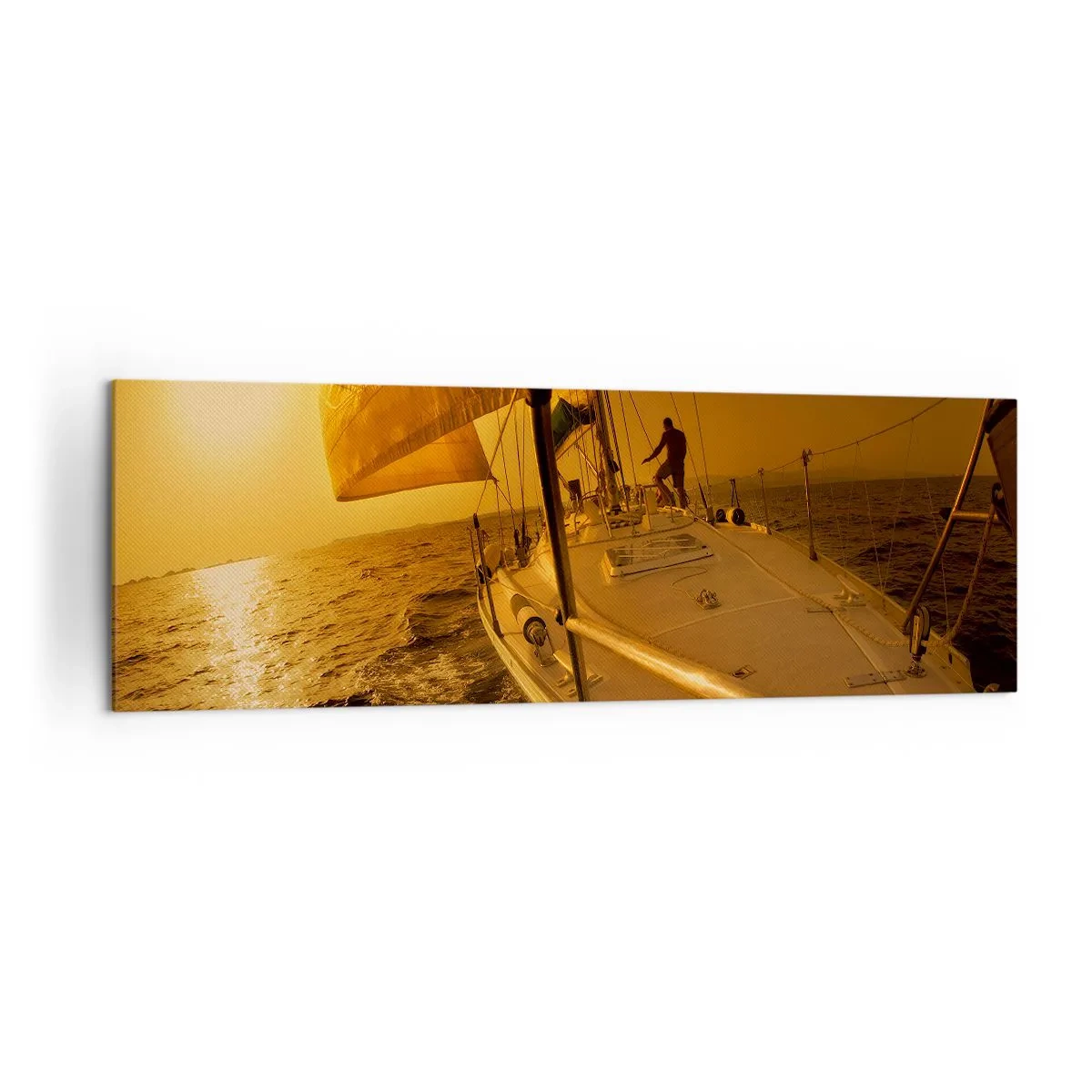 Impression sur toile - Image sur toile - Voilier en mer au coucher du soleil, lueur dorée. - 160x50cm - Une soirée en por après une journée haute en couleurs - Décoration murale moderne pour le salon et la chambre ARTTOR