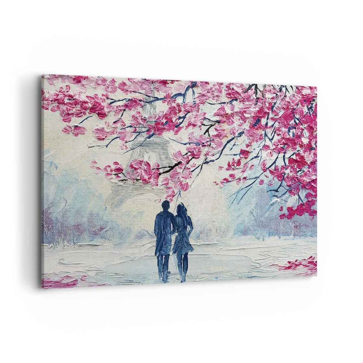 Impression sur toile - Image sur toile - Un couple sous des arbres roses en fleurs dans un cadre romantique - 120x80cm - Ballade romantique - Décoration murale moderne pour le salon et la chambre ARTTOR
