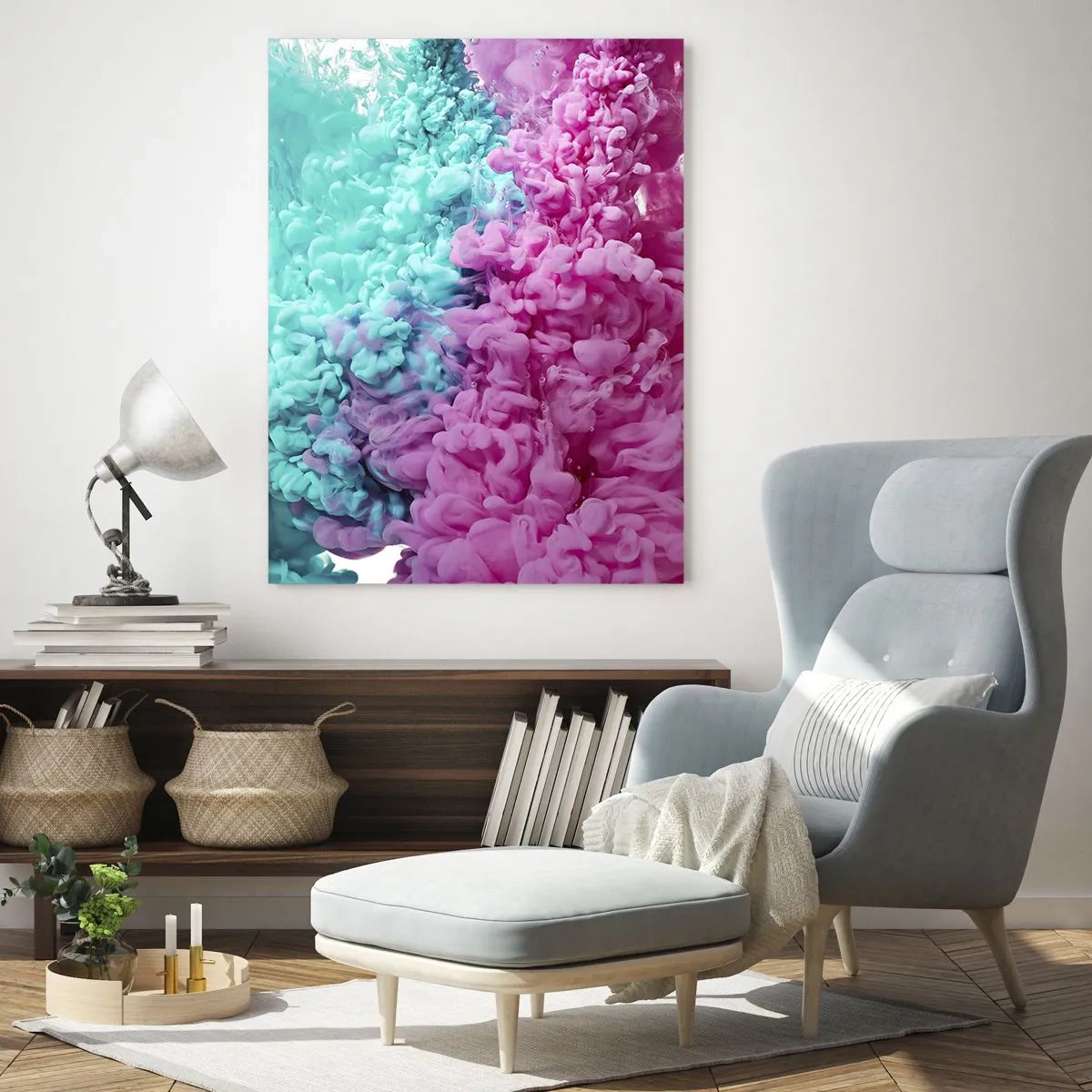 Impression sur verre - Image sur verre - Nuages d'encre colorés en rose et turquoise - 50x70cm - Rencontre finale - Décoration murale moderne pour le salon et la chambre ARTTOR