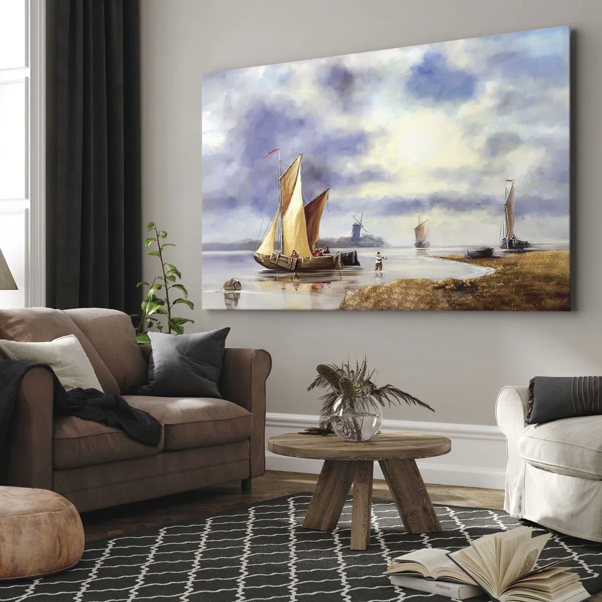Impression sur toile - Image sur toile - Voiliers sur une eau calme avec des moulins à vent en arrière-plan - 120x80cm - Retour de marin - Décoration murale moderne pour le salon et la chambre ARTTOR