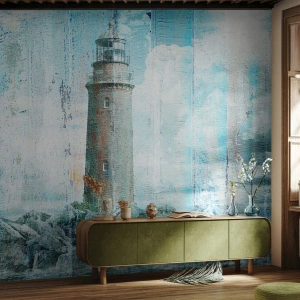 Papier Peint Photo Premium Sand - Un phare contre le ciel dans un style vintage avec un effet vieilli - 100x70cm - Sur du vieux bois - Décoration murale moderne pour le salon et la chambre ARTTOR