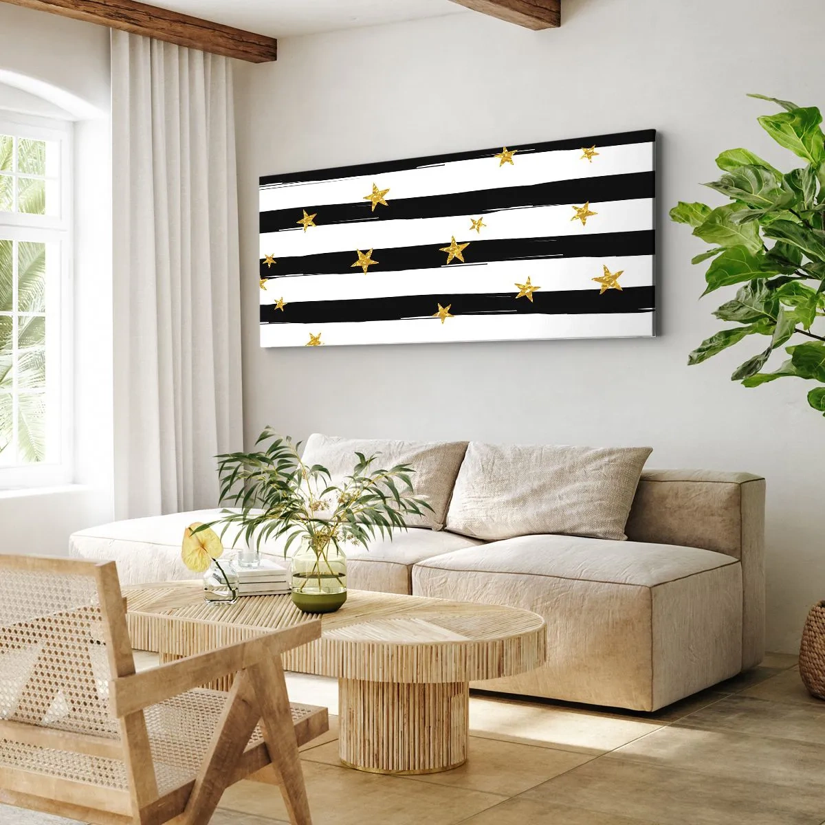 Impression sur toile - Image sur toile - Rayures noires et blanches avec étoiles dorées - 160x50cm - Nous sommes tous nés sous une bonne étoile - Décoration murale moderne pour le salon et la chambre ARTTOR
