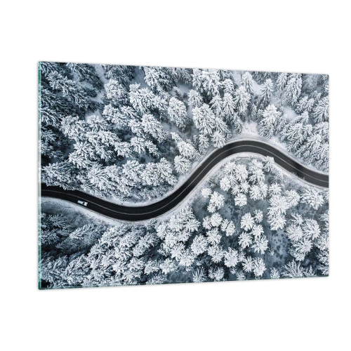 Impression sur verre - Image sur verre - Une route sinueuse à travers une forêt hivernale vue depuis un drone - 120x80cm - À travers une forêt d'hiver - Décoration murale moderne pour le salon et la chambre ARTTOR