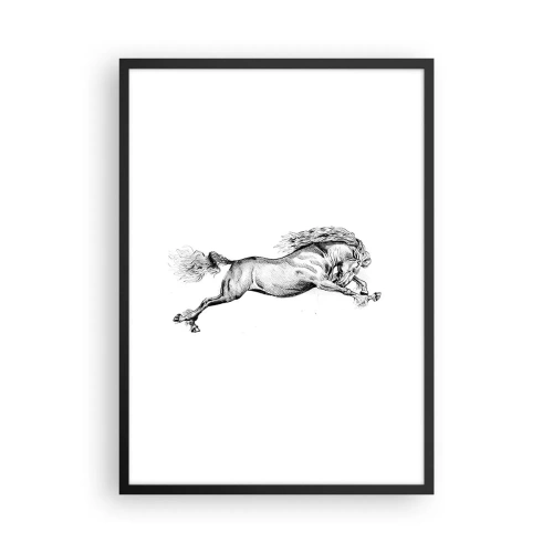 Affiche dans un cadre noir - Poster - Illustration d'un cheval au galop en noir et blanc - 50x70cm - Immortalisé au galop - Décoration murale moderne pour le salon et la chambre ARTTOR