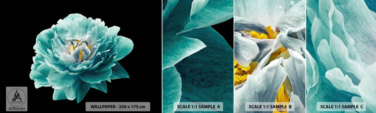 Échantillon de Papier Peint Autocollant Deluxe Sticker - Pétales bleus et dorés - Fleur, Épanouissement, Pivoine - 100x30 cm