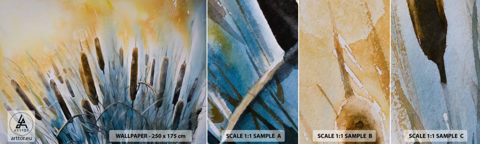 Échantillon De Papier Peint Standard Eco - Fraicheur de l'eau, chaleur du soleil - Canne, Paysage, Fleurs - 100x30 cm